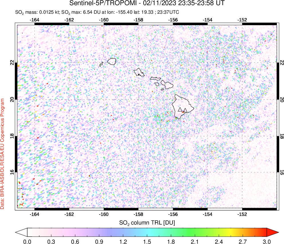A sulfur dioxide image over Hawaii, USA on Feb 11, 2023.