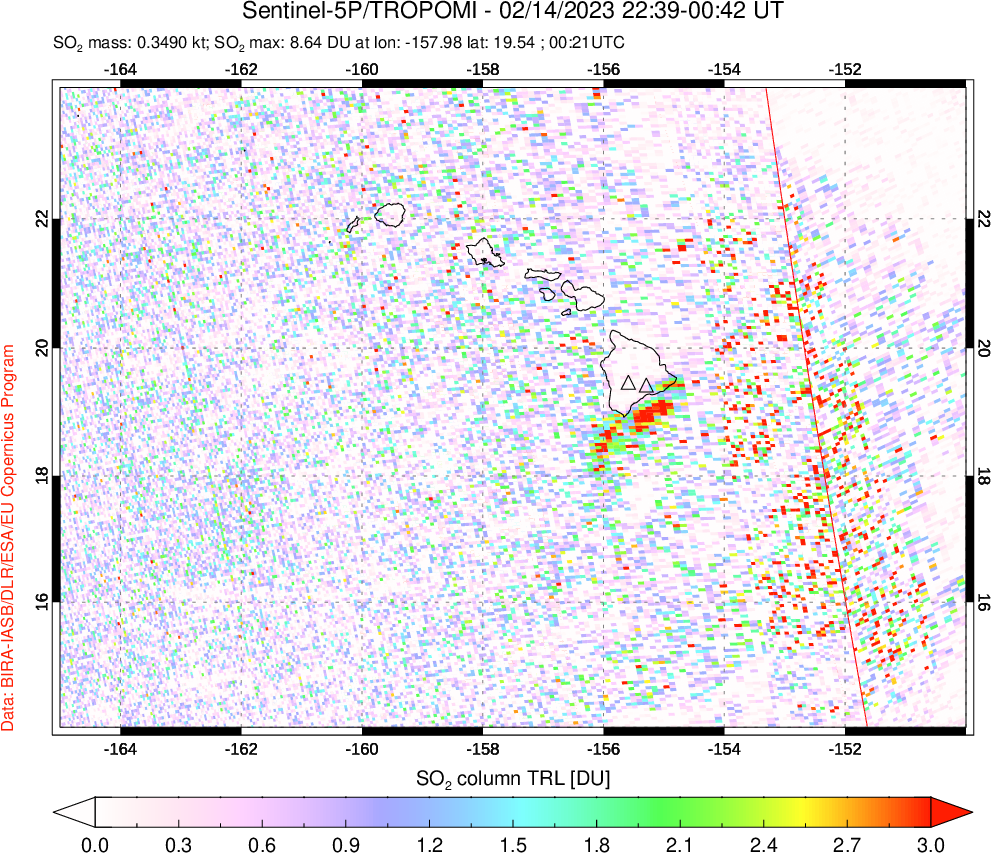 A sulfur dioxide image over Hawaii, USA on Feb 14, 2023.