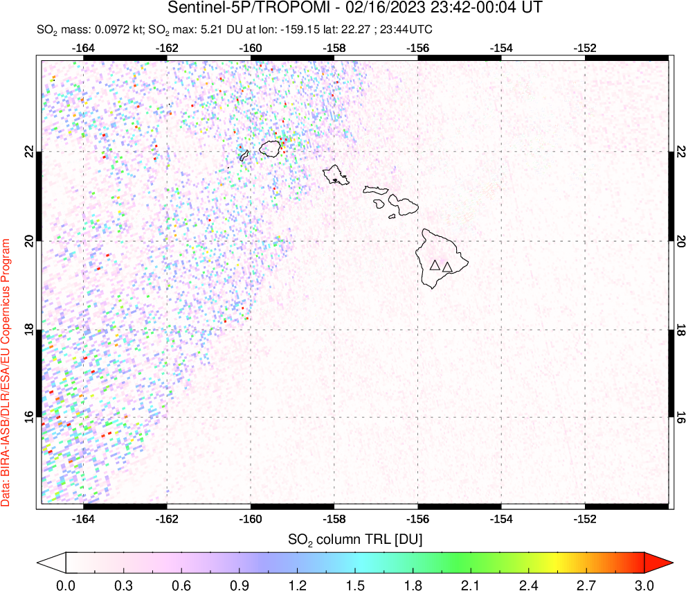 A sulfur dioxide image over Hawaii, USA on Feb 16, 2023.