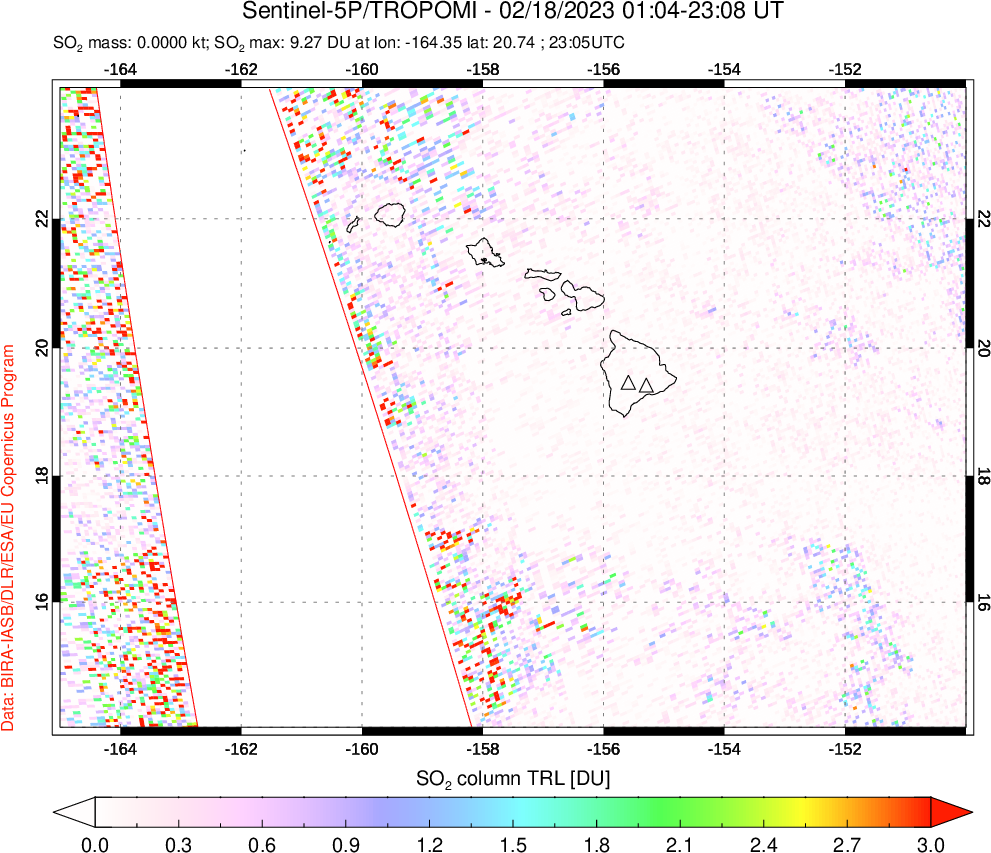 A sulfur dioxide image over Hawaii, USA on Feb 18, 2023.