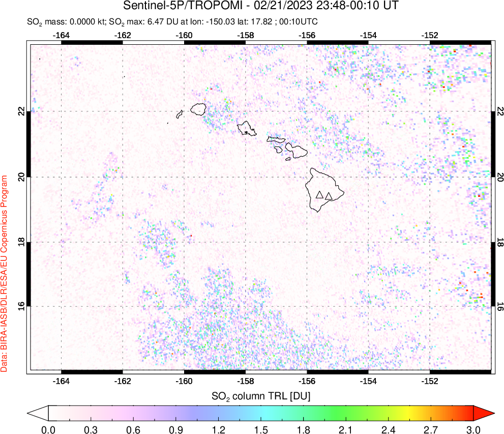 A sulfur dioxide image over Hawaii, USA on Feb 21, 2023.