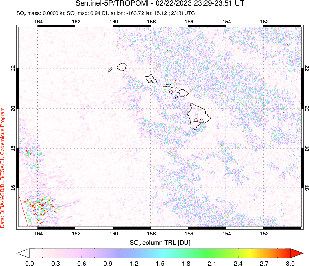 A sulfur dioxide image over Hawaii, USA on Feb 22, 2023.