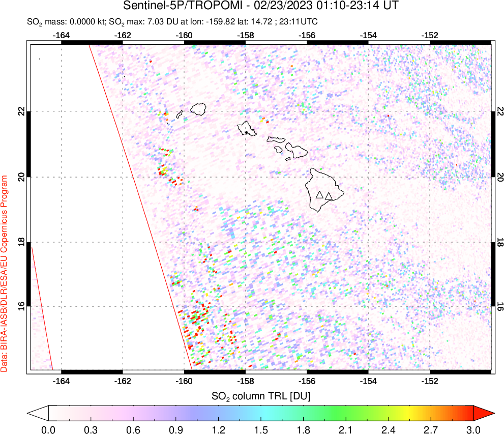 A sulfur dioxide image over Hawaii, USA on Feb 23, 2023.