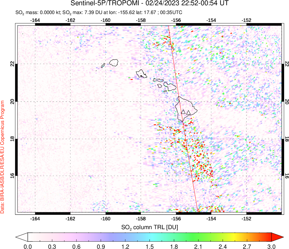 A sulfur dioxide image over Hawaii, USA on Feb 24, 2023.