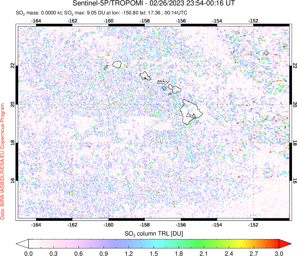 A sulfur dioxide image over Hawaii, USA on Feb 26, 2023.