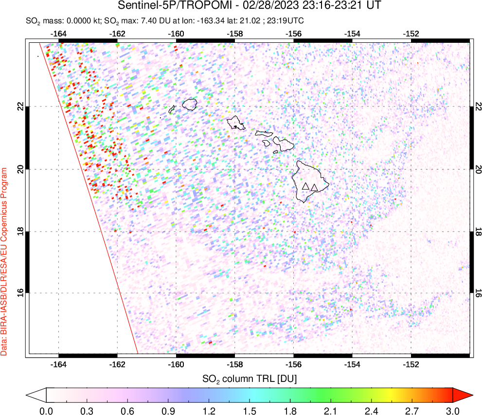 A sulfur dioxide image over Hawaii, USA on Feb 28, 2023.