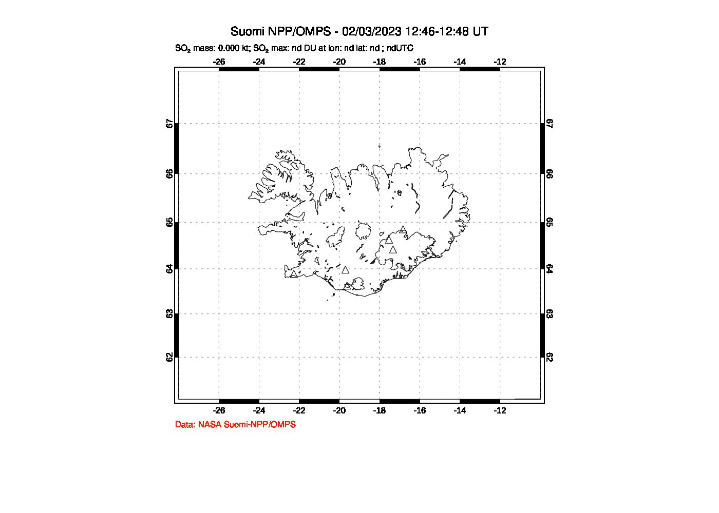 A sulfur dioxide image over Iceland on Feb 03, 2023.