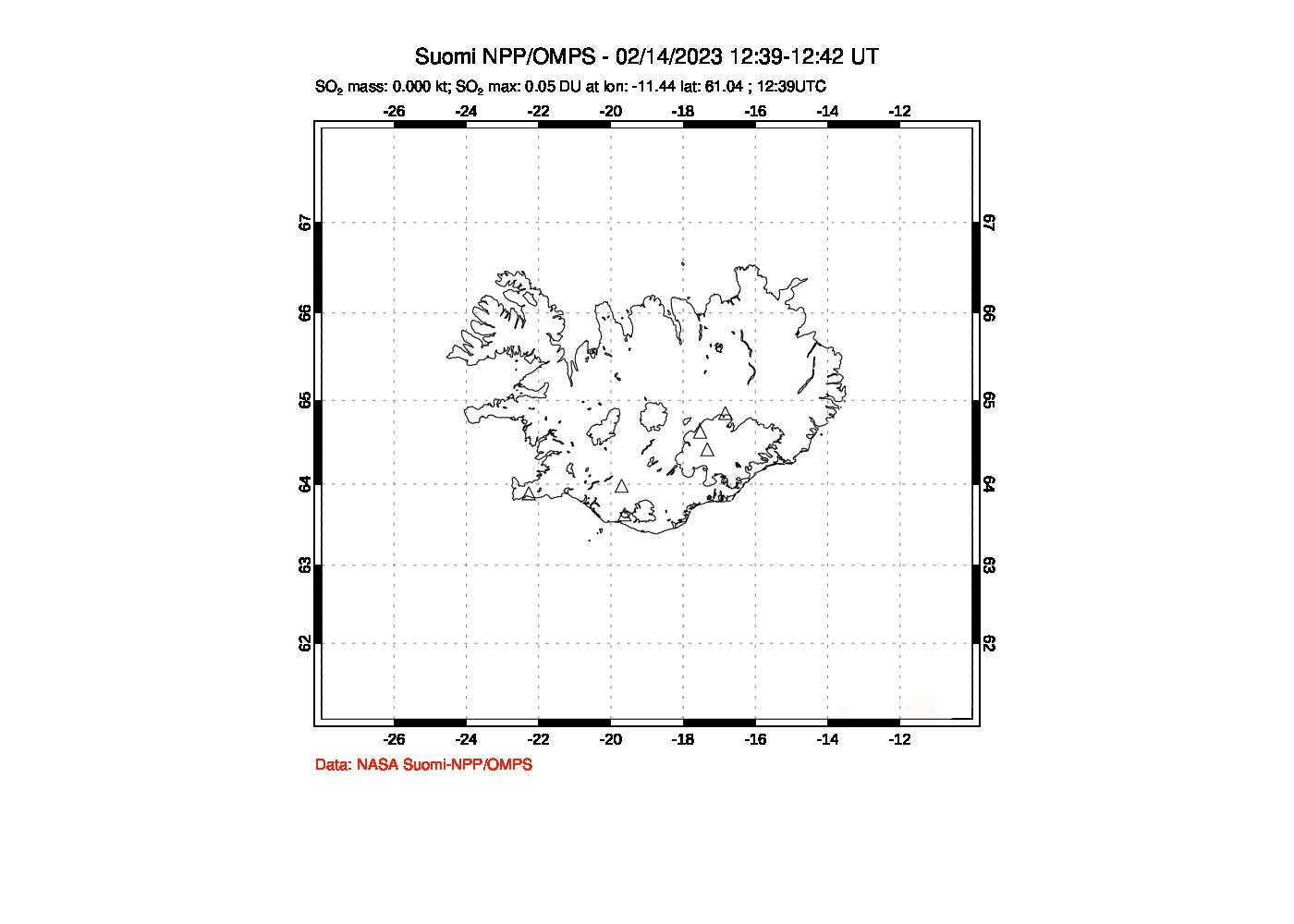 A sulfur dioxide image over Iceland on Feb 14, 2023.