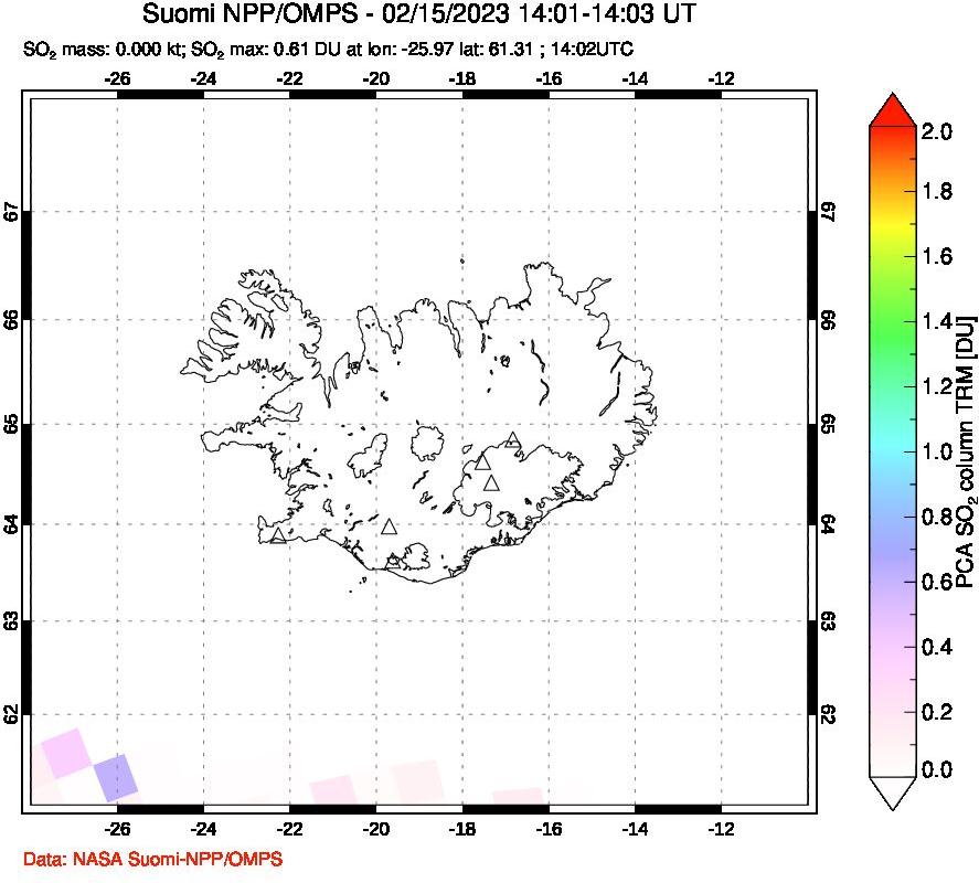A sulfur dioxide image over Iceland on Feb 15, 2023.