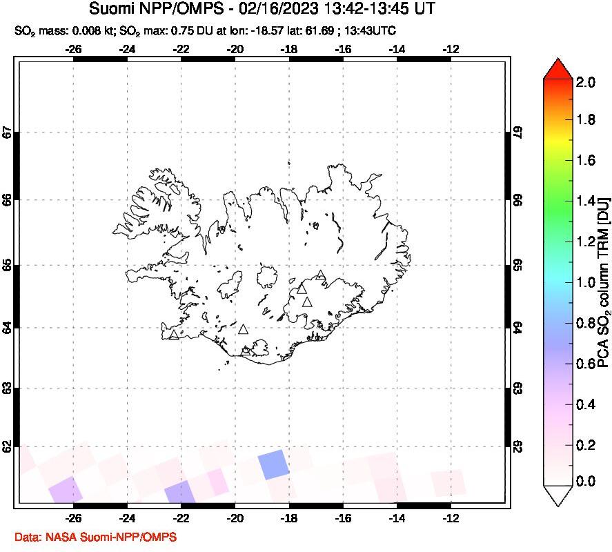 A sulfur dioxide image over Iceland on Feb 16, 2023.