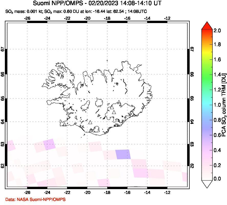 A sulfur dioxide image over Iceland on Feb 20, 2023.