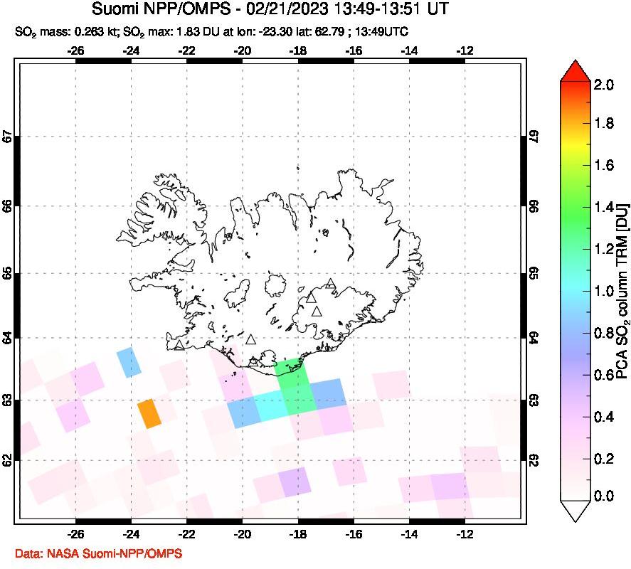 A sulfur dioxide image over Iceland on Feb 21, 2023.