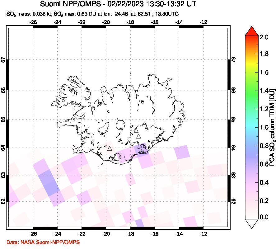 A sulfur dioxide image over Iceland on Feb 22, 2023.