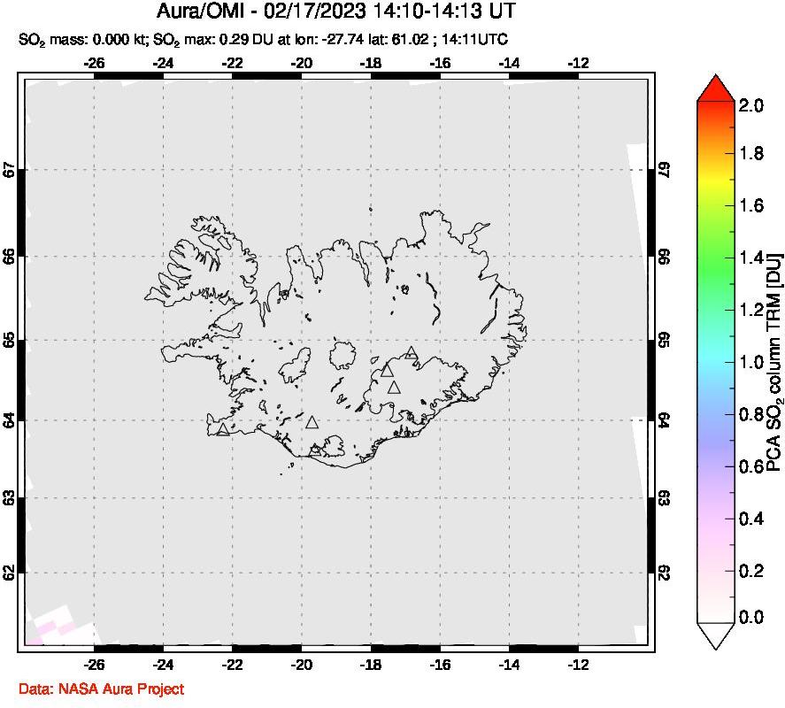 A sulfur dioxide image over Iceland on Feb 17, 2023.