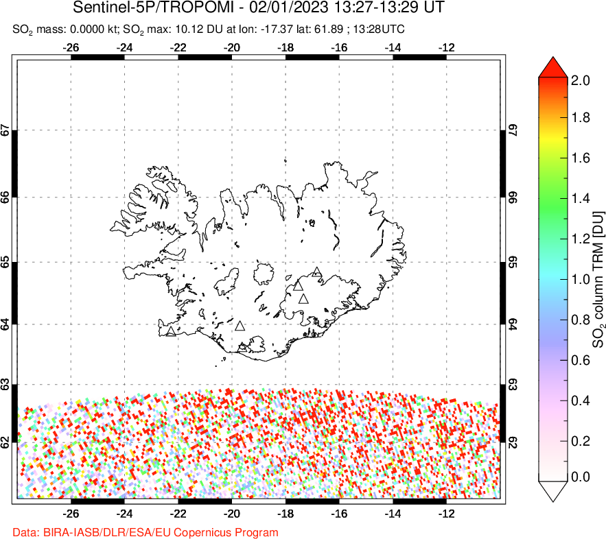 A sulfur dioxide image over Iceland on Feb 01, 2023.