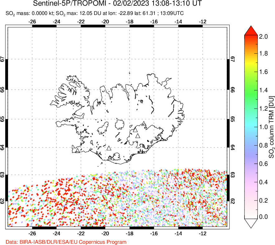 A sulfur dioxide image over Iceland on Feb 02, 2023.