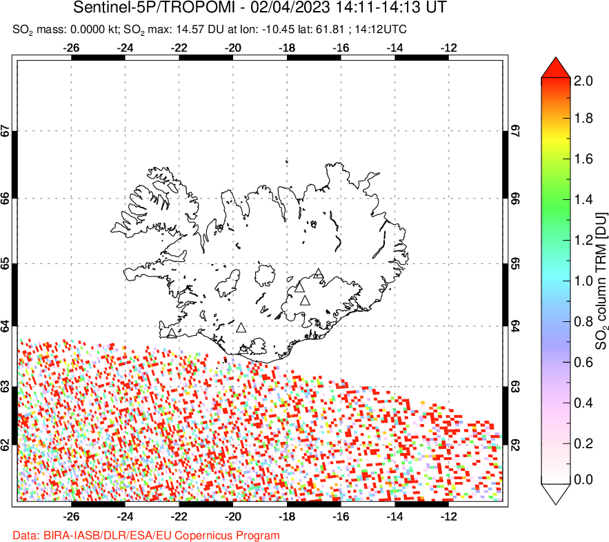 A sulfur dioxide image over Iceland on Feb 04, 2023.