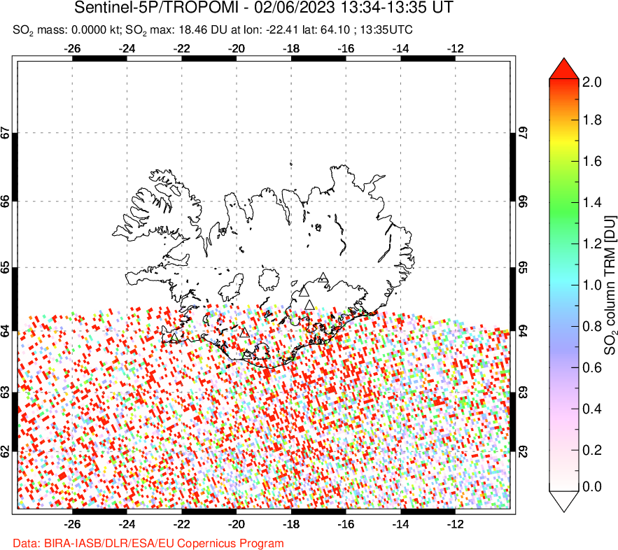 A sulfur dioxide image over Iceland on Feb 06, 2023.