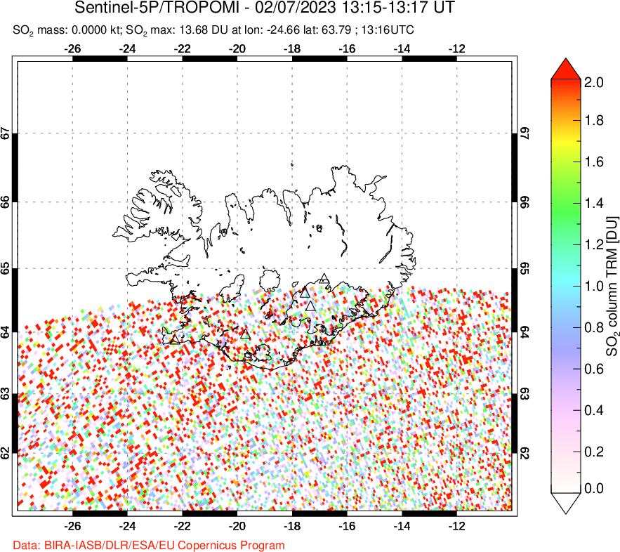 A sulfur dioxide image over Iceland on Feb 07, 2023.