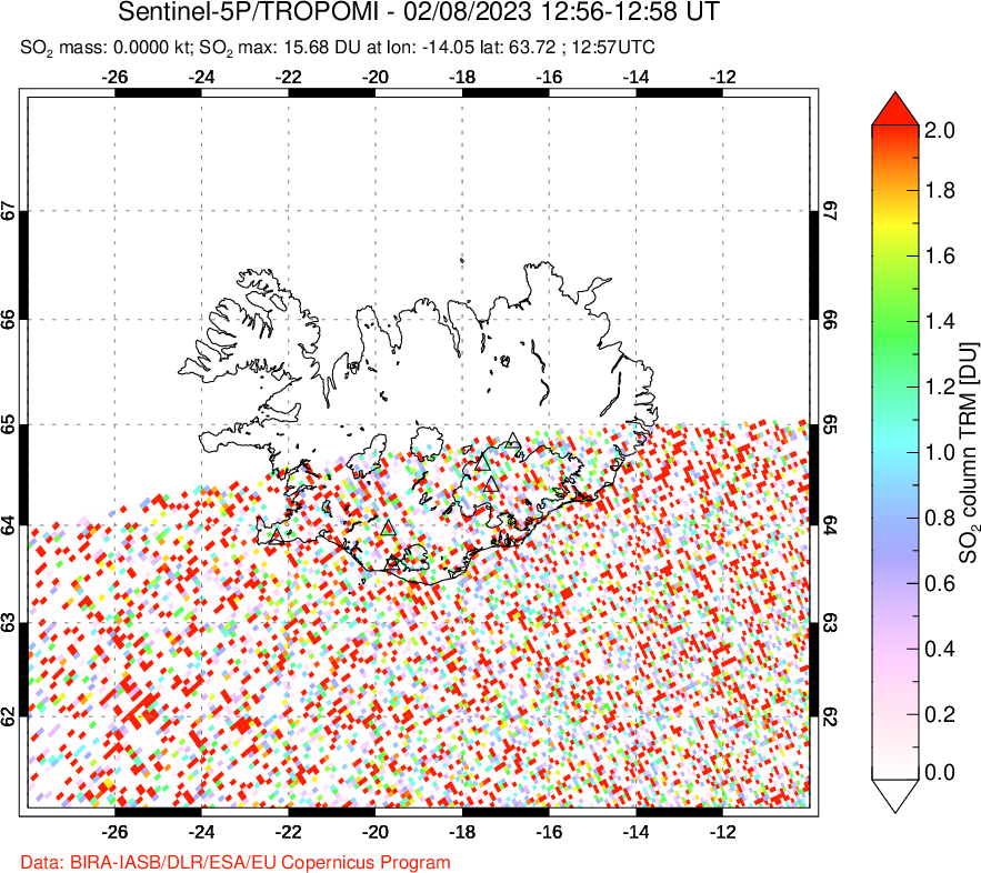 A sulfur dioxide image over Iceland on Feb 08, 2023.