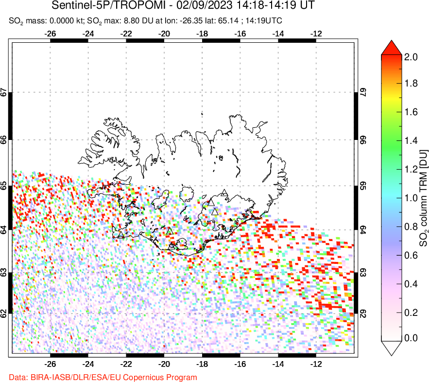 A sulfur dioxide image over Iceland on Feb 09, 2023.