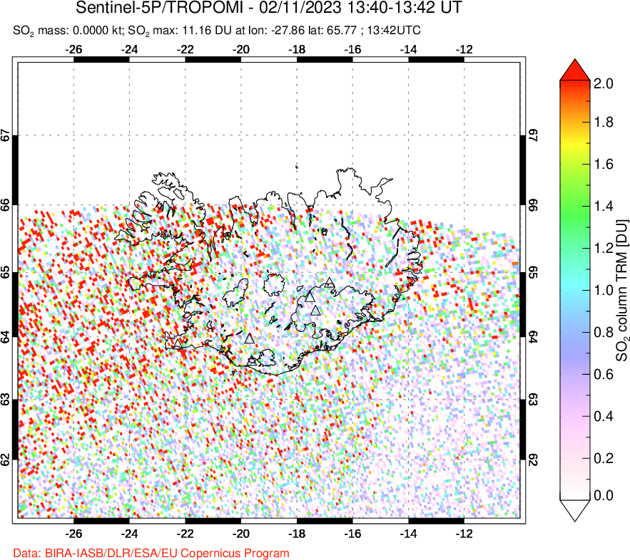 A sulfur dioxide image over Iceland on Feb 11, 2023.