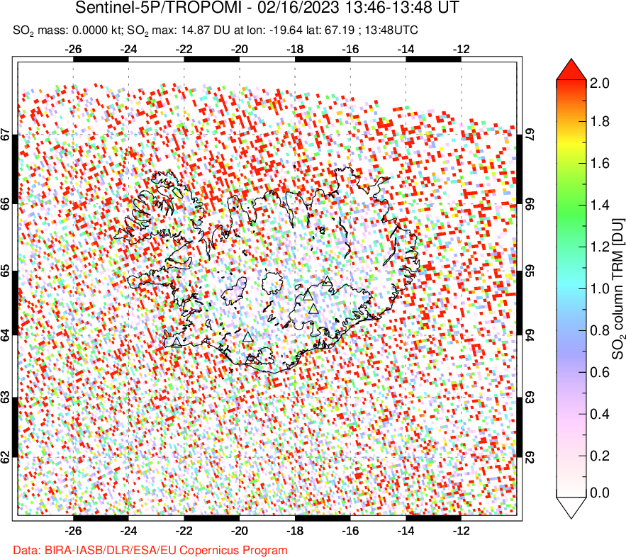 A sulfur dioxide image over Iceland on Feb 16, 2023.
