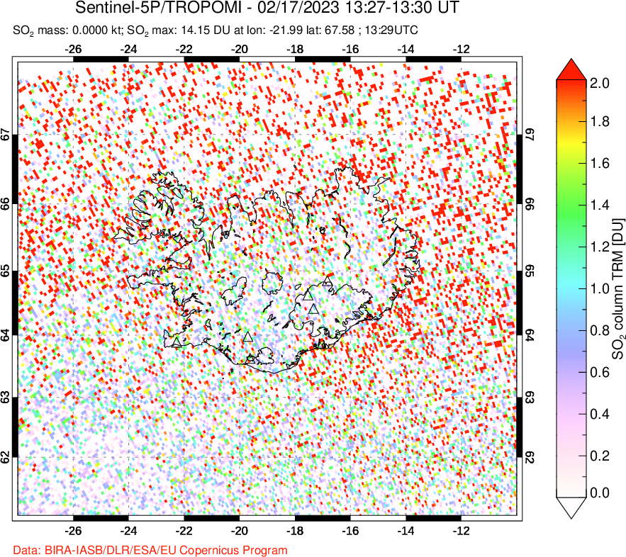 A sulfur dioxide image over Iceland on Feb 17, 2023.