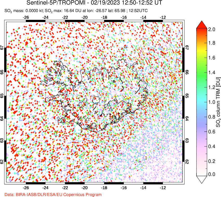 A sulfur dioxide image over Iceland on Feb 19, 2023.