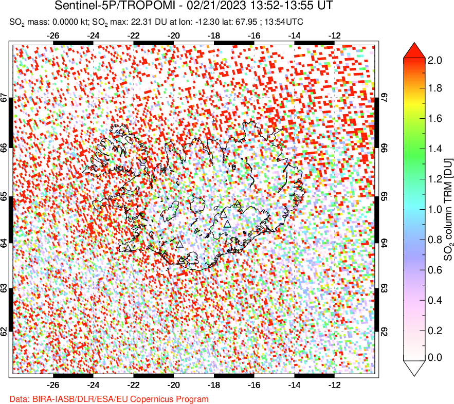 A sulfur dioxide image over Iceland on Feb 21, 2023.