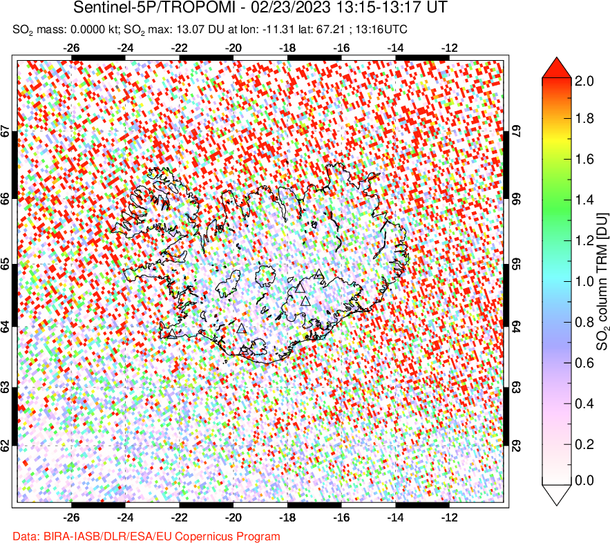 A sulfur dioxide image over Iceland on Feb 23, 2023.