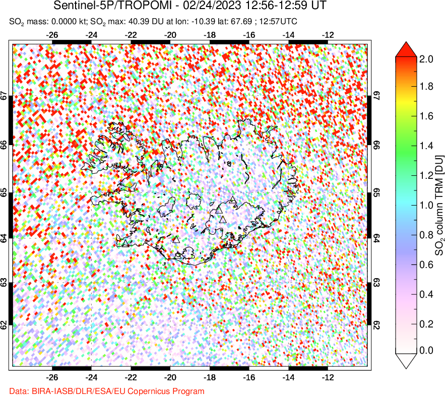 A sulfur dioxide image over Iceland on Feb 24, 2023.