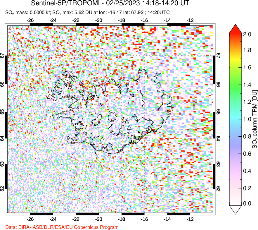 A sulfur dioxide image over Iceland on Feb 25, 2023.