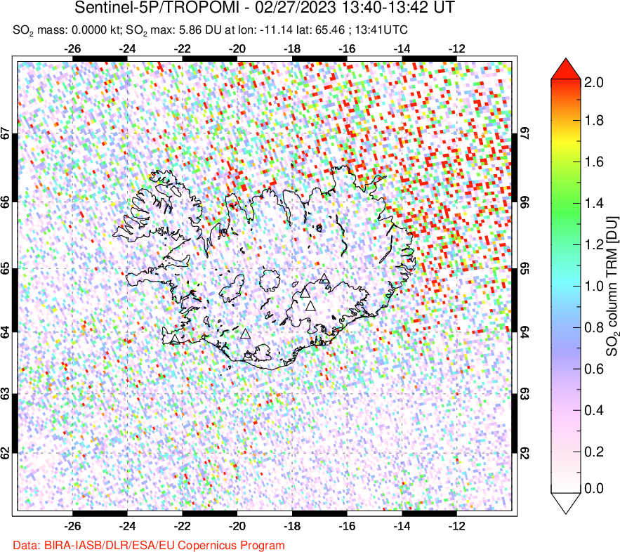 A sulfur dioxide image over Iceland on Feb 27, 2023.