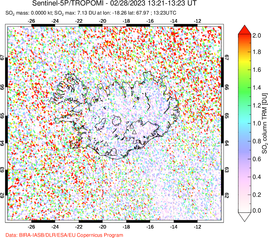 A sulfur dioxide image over Iceland on Feb 28, 2023.