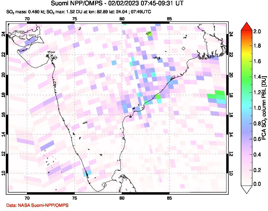 A sulfur dioxide image over India on Feb 02, 2023.