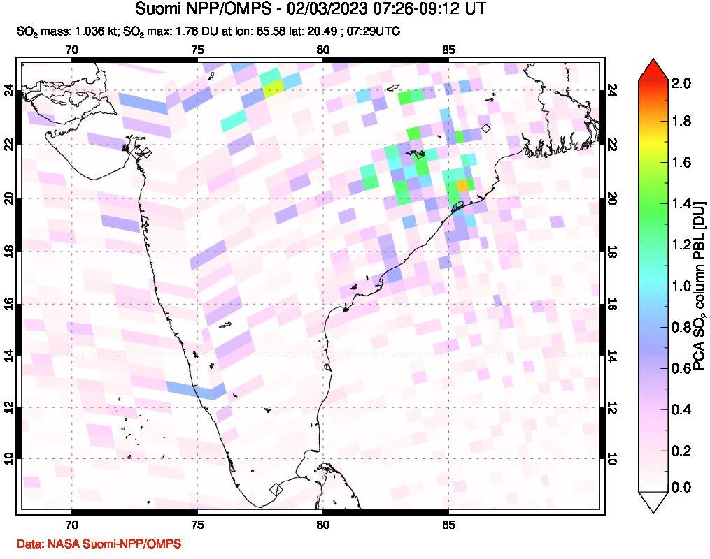 A sulfur dioxide image over India on Feb 03, 2023.