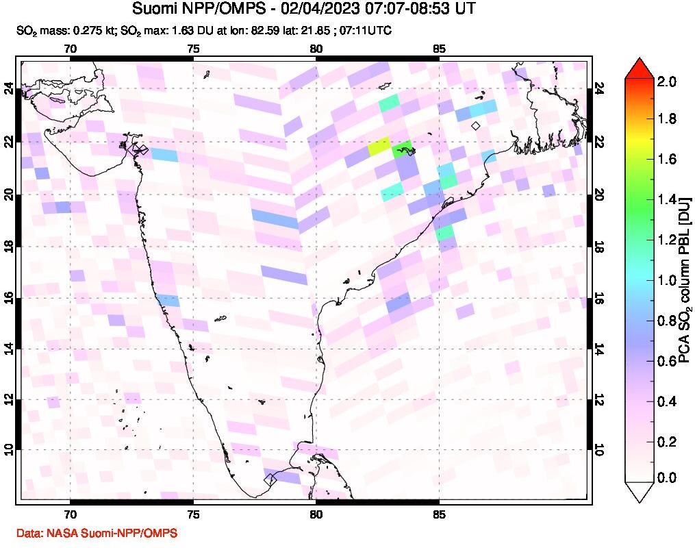 A sulfur dioxide image over India on Feb 04, 2023.