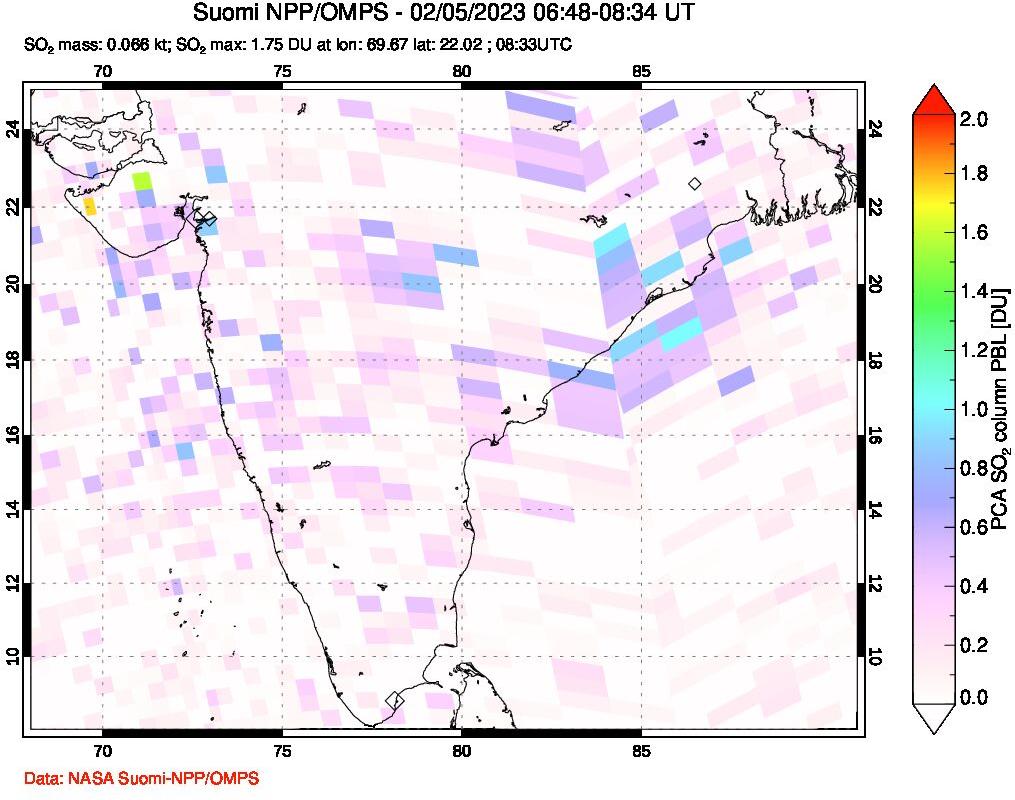 A sulfur dioxide image over India on Feb 05, 2023.