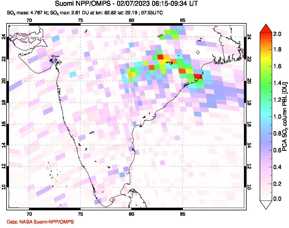 A sulfur dioxide image over India on Feb 07, 2023.