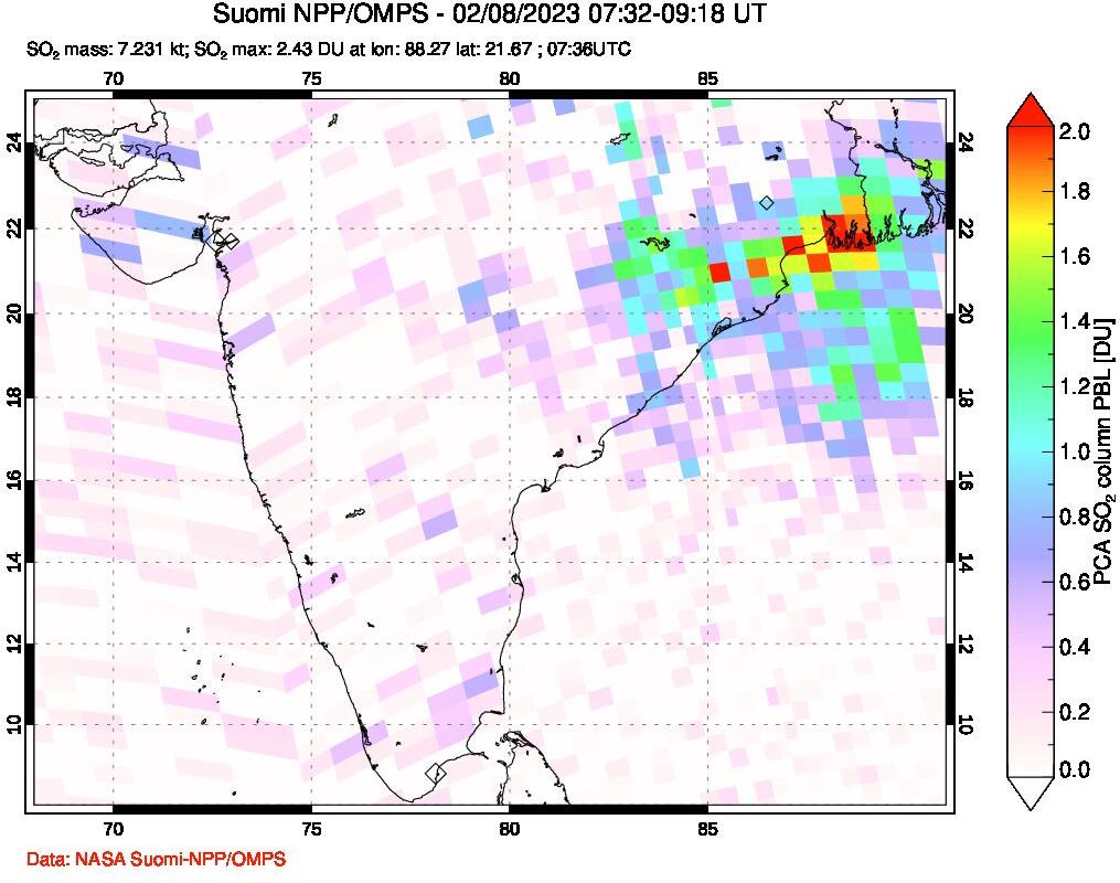 A sulfur dioxide image over India on Feb 08, 2023.