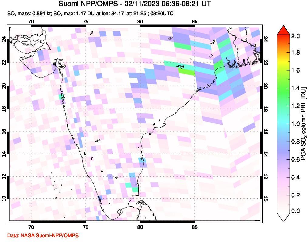 A sulfur dioxide image over India on Feb 11, 2023.
