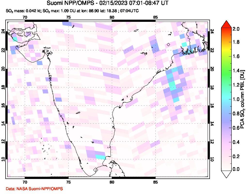 A sulfur dioxide image over India on Feb 15, 2023.