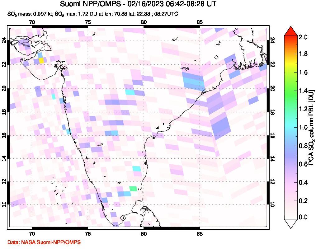 A sulfur dioxide image over India on Feb 16, 2023.