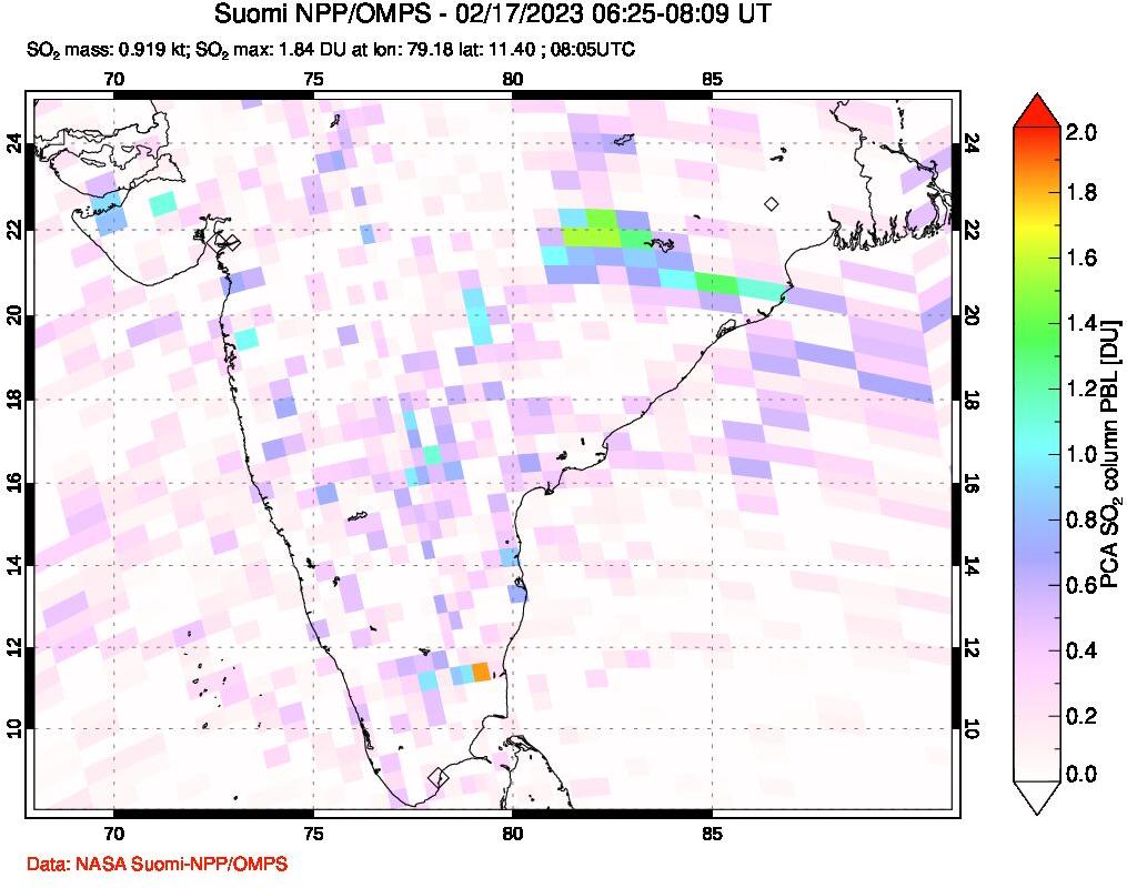A sulfur dioxide image over India on Feb 17, 2023.