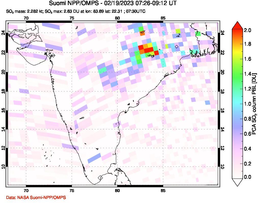 A sulfur dioxide image over India on Feb 19, 2023.