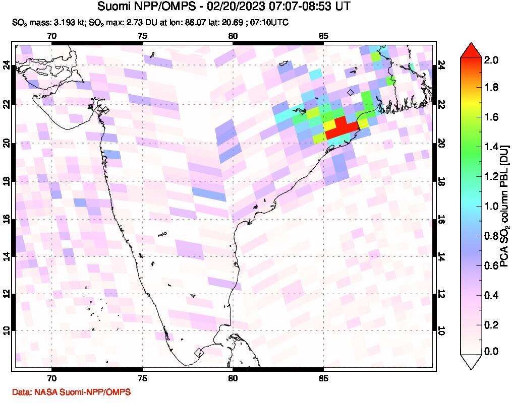 A sulfur dioxide image over India on Feb 20, 2023.