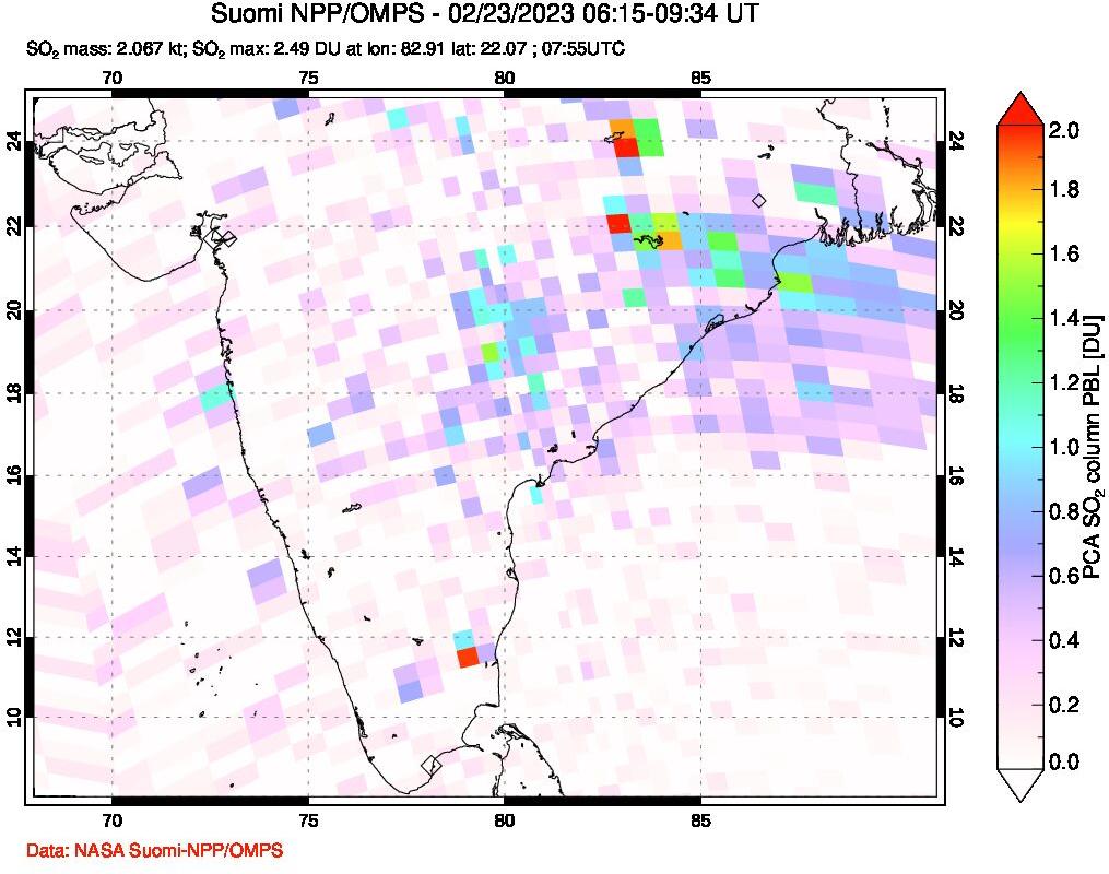 A sulfur dioxide image over India on Feb 23, 2023.