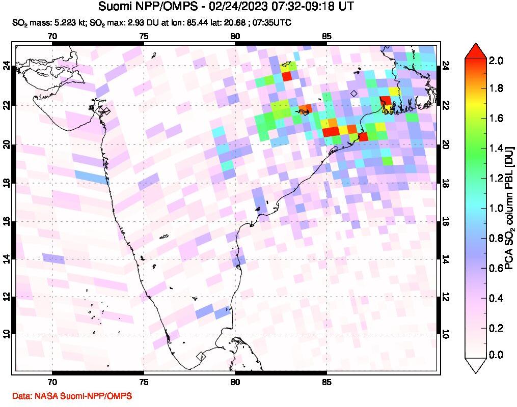 A sulfur dioxide image over India on Feb 24, 2023.