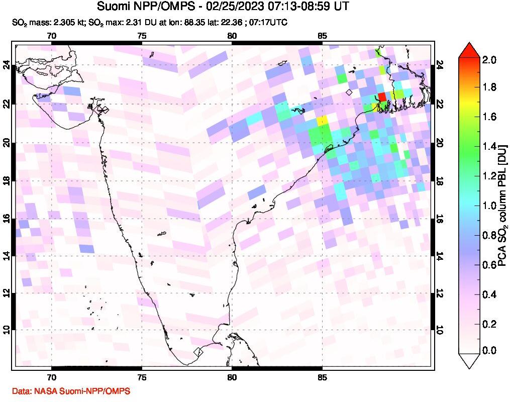 A sulfur dioxide image over India on Feb 25, 2023.